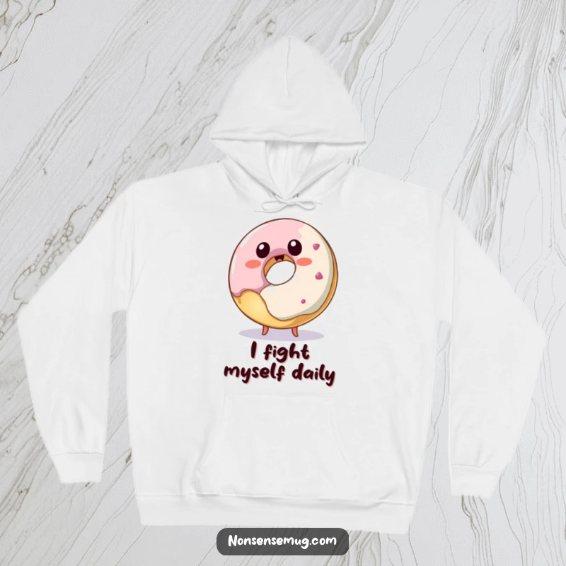 Funny donut hoodie, a playful pastry attempting to eat itself, ideal for cozy, humorous comfort.