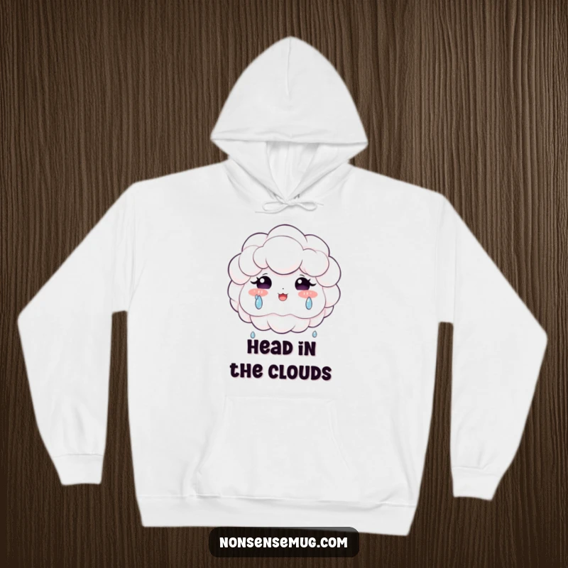 Funny hoodie depicting a gentle, fluffy cloud crying tears of extreme happiness, radiating positive vibes and contentment.