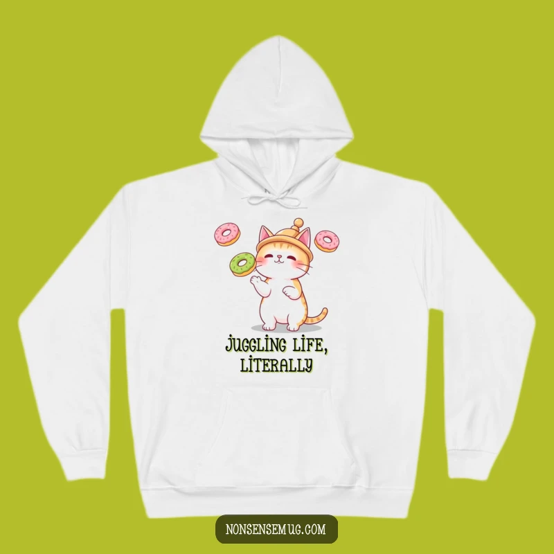 Funny Cat Juggling Donuts Hoodie - Cozy & Comedic