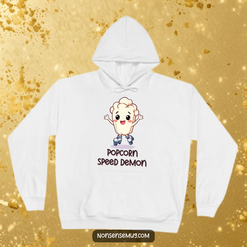 Funny bouncing popcorn kernel wearing tiny roller skates and looking exhilarated, on a cozy hoodie, a perfect funny gift.