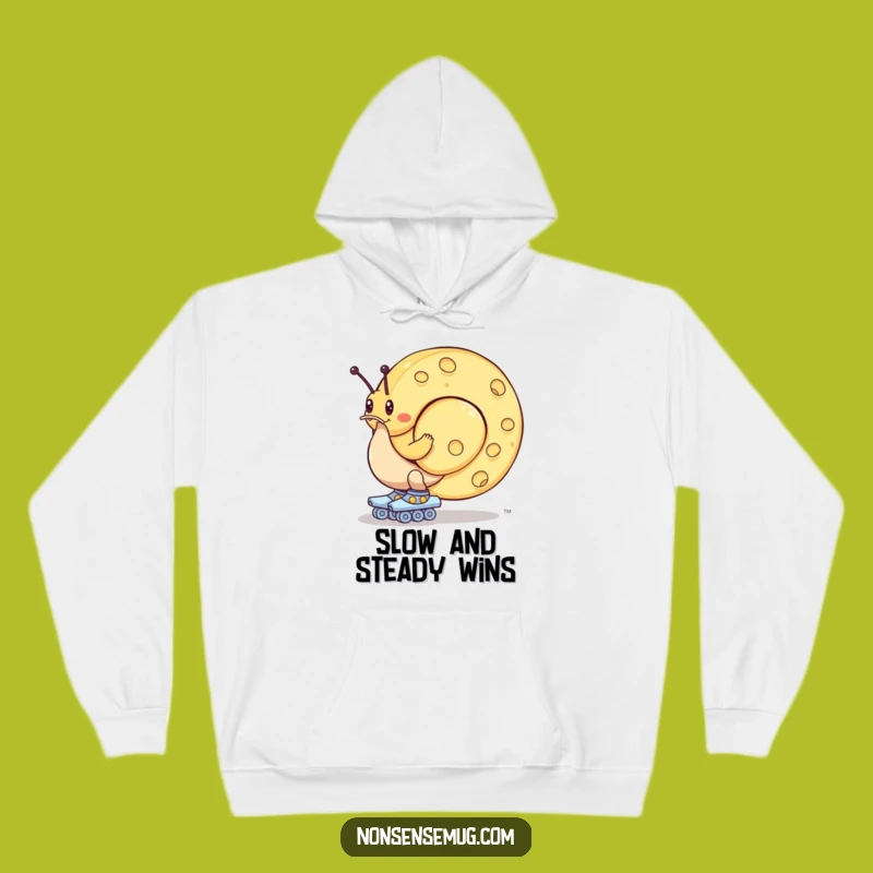 Funny Snail Cheese Hoodie: Roller Skating Slowpoke with Giant Wheel, Cozy Fun Gift
