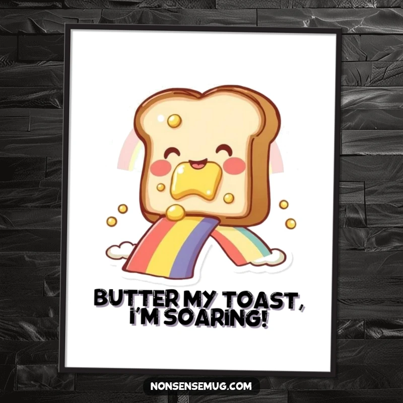 Funny Free Printable Wall Art: A smiling toast with butter sliding down a bright rainbow, bringing whimsical joy. Downloadable.