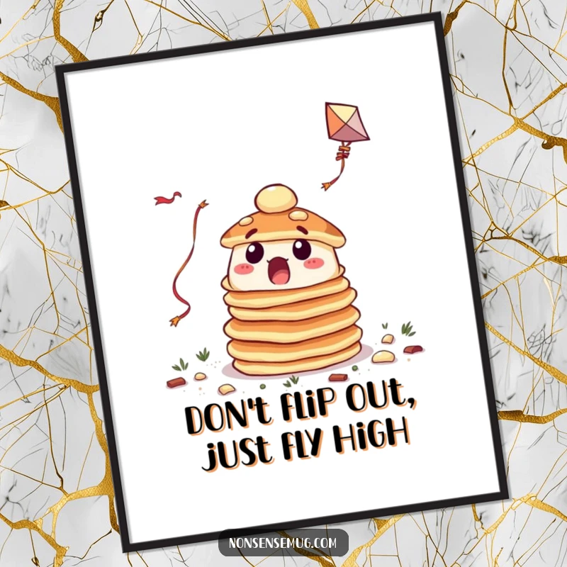 Funny Free Printable Wall Art: A surprised stack of pancakes hilariously failing to fly a kite, a whimsical piece for any kitchen.
