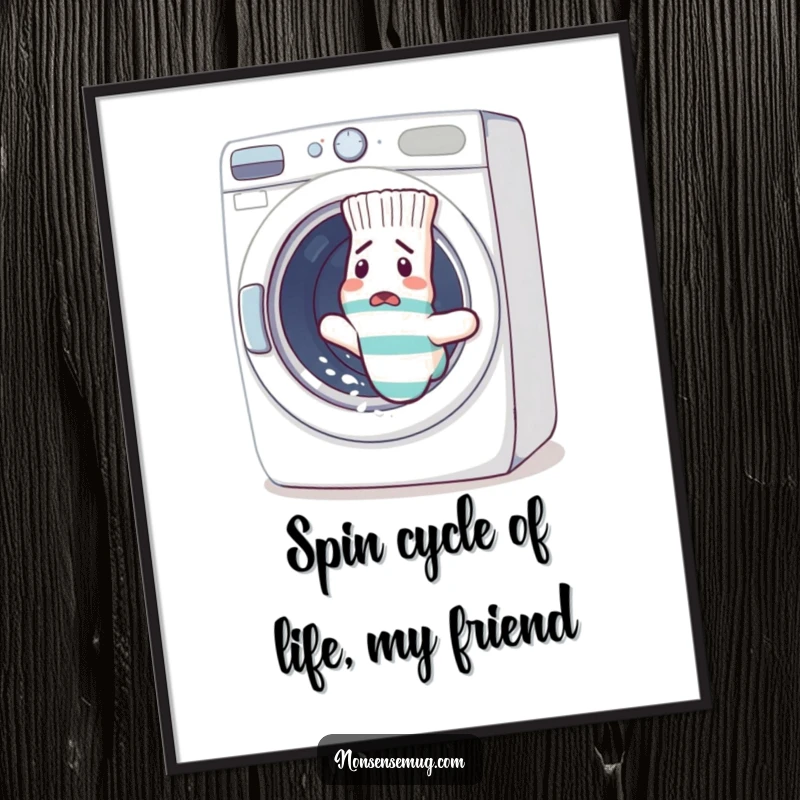 Funny Free Printable Wall Art: A single sock, looking utterly confused, makes a dramatic escape from the spinning drum of a washing machine.