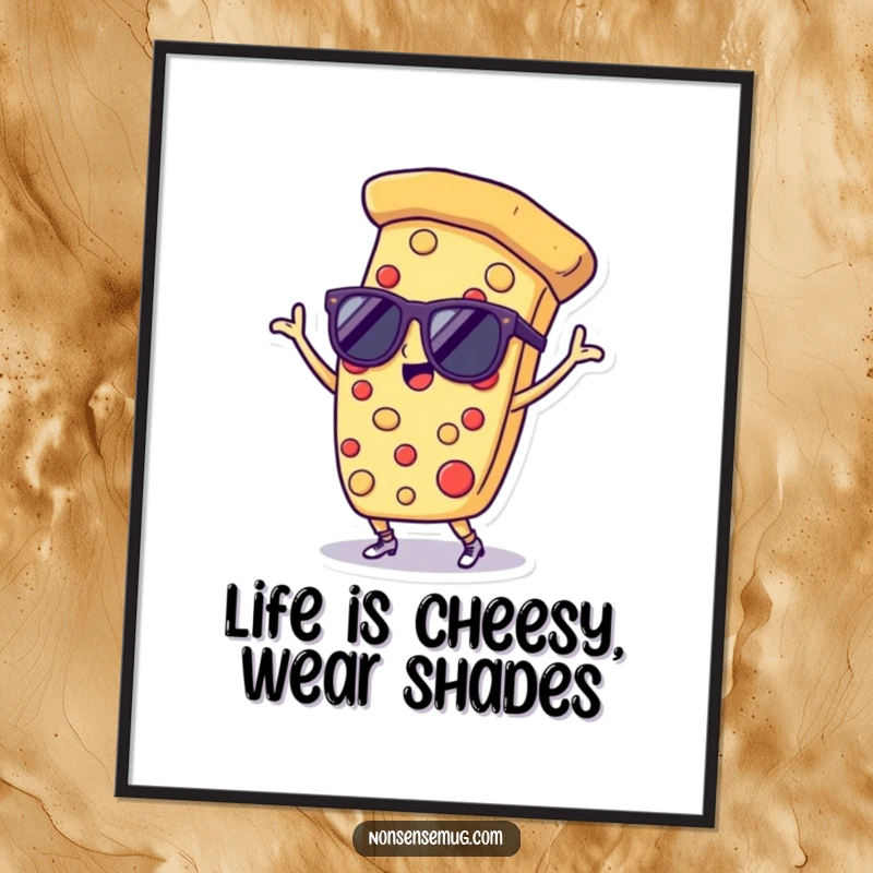 Funny Free Printable Wall Art: A pizza slice with sunglasses dancing joyfully, adding a playful vibe.