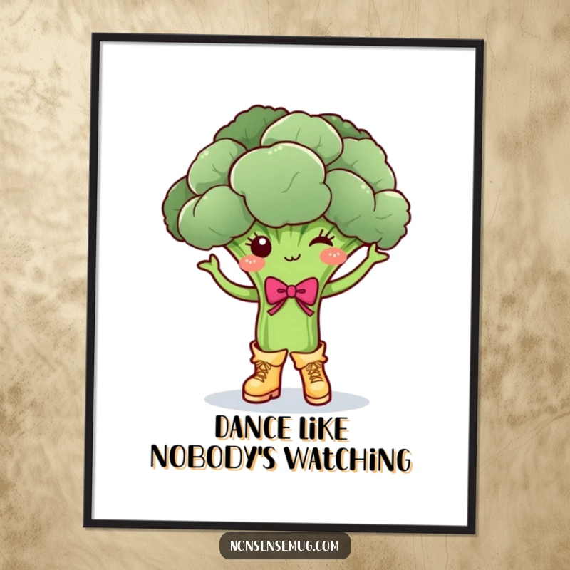Funny Free Printable Wall Art: A dancing broccoli wearing tiny boots and a bow, adding a whimsical touch to decor. Downloadable.