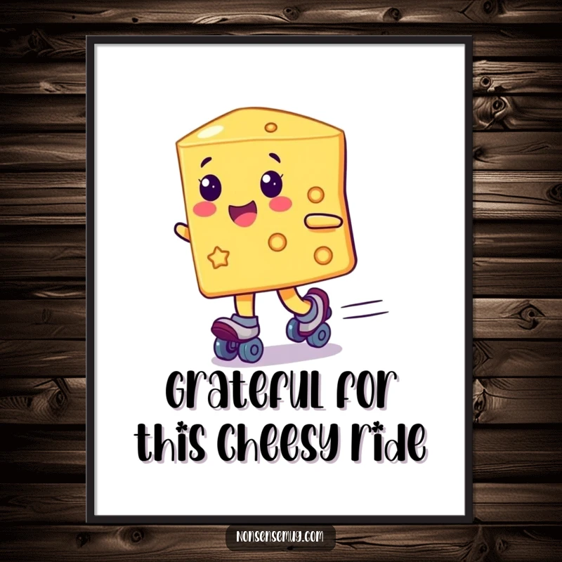 Funny Free Printable Wall Art: A happy cheese slice wearing roller skates, speeding past with motion lines, adding humor to decor. Downloadable.