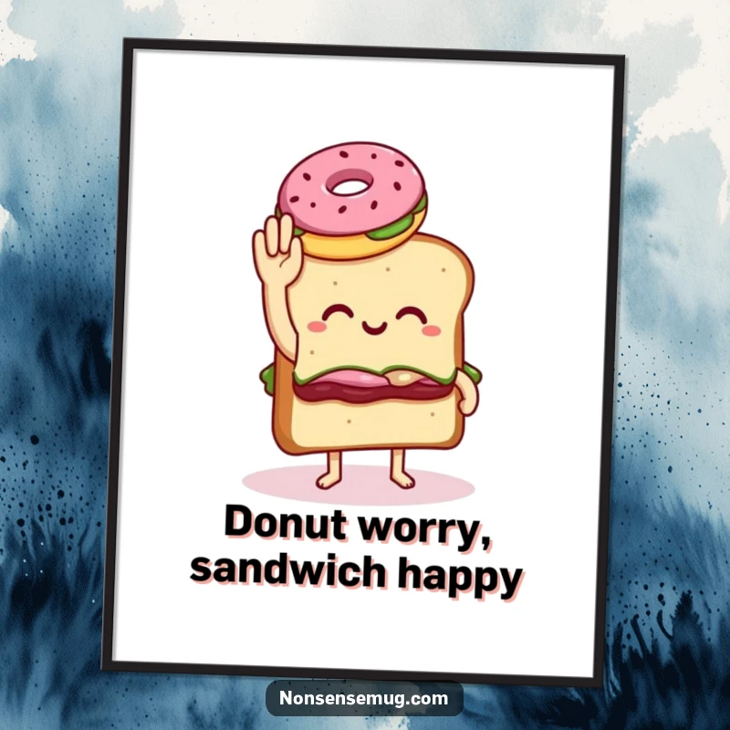 Funny free printable wall art: a sandwich with legs awkwardly attempts to high five a cheerful donut, a moment of food camaraderie.