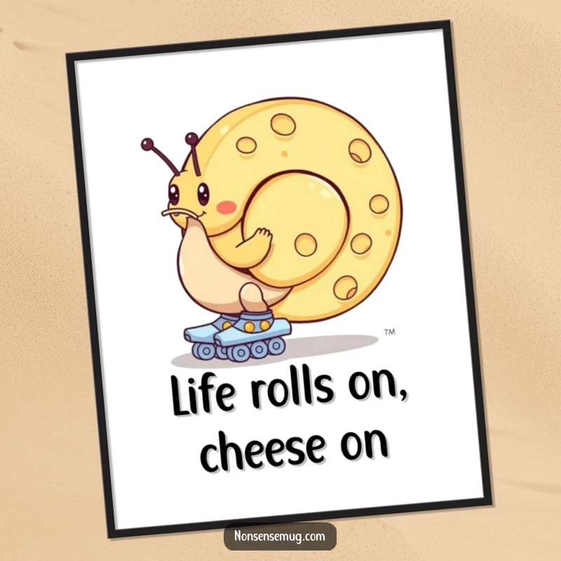 Funny Free Printable Wall Art: A snail wearing roller skates struggles to move a giant wheel of cheese, comically portrayed.