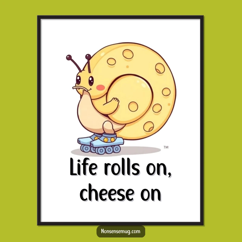 Funny Free Printable Wall Art: Snail Roller Skating with Cheese Downloadable Art
