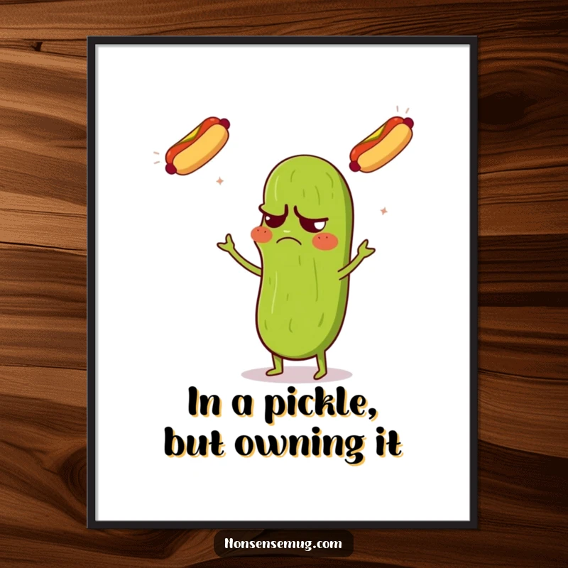 Funny Free Printable Wall Art: Grumpy pickle looking confused while juggling three flying hot dogs with intense concentration.