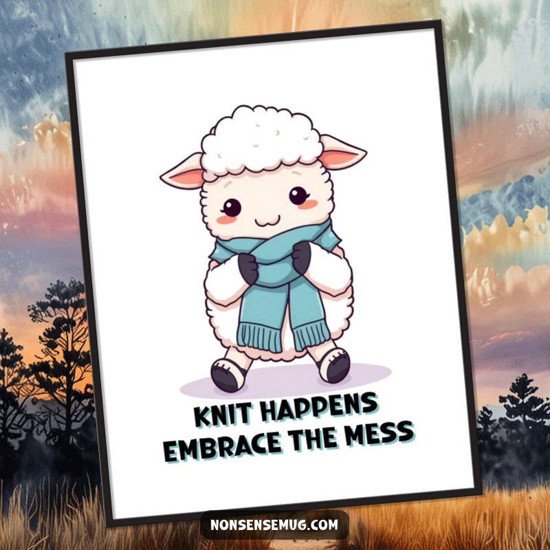 Funny Free Printable Wall Art: A fluffy sheep comically attempts to knit a wool scarf using its own woolly feet, adding humor to any wall.