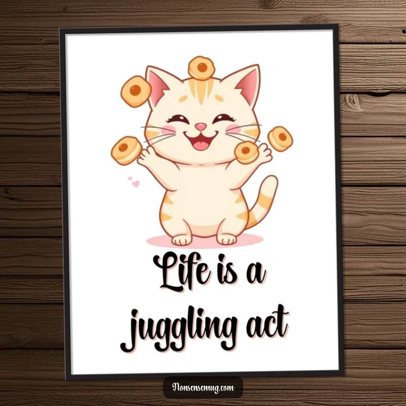 Funny Free Printable Wall Art: Cat juggling sentient breakfast pastries with a silly grin, ideal for quirky home decor.