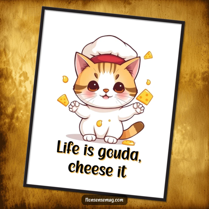 Funny free printable wall art: a cat in a tiny chef hat is caught mid-air, juggling several balls of rapidly melting cheese.