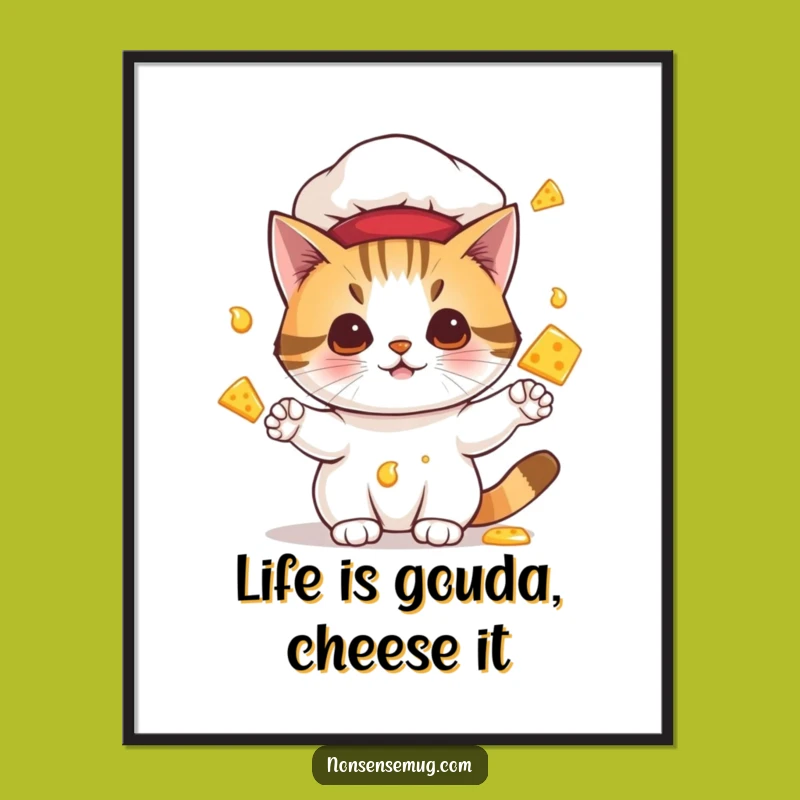 Funny Free Printable Wall Art: Cat Chef Juggling Cheese, Quirky Decor