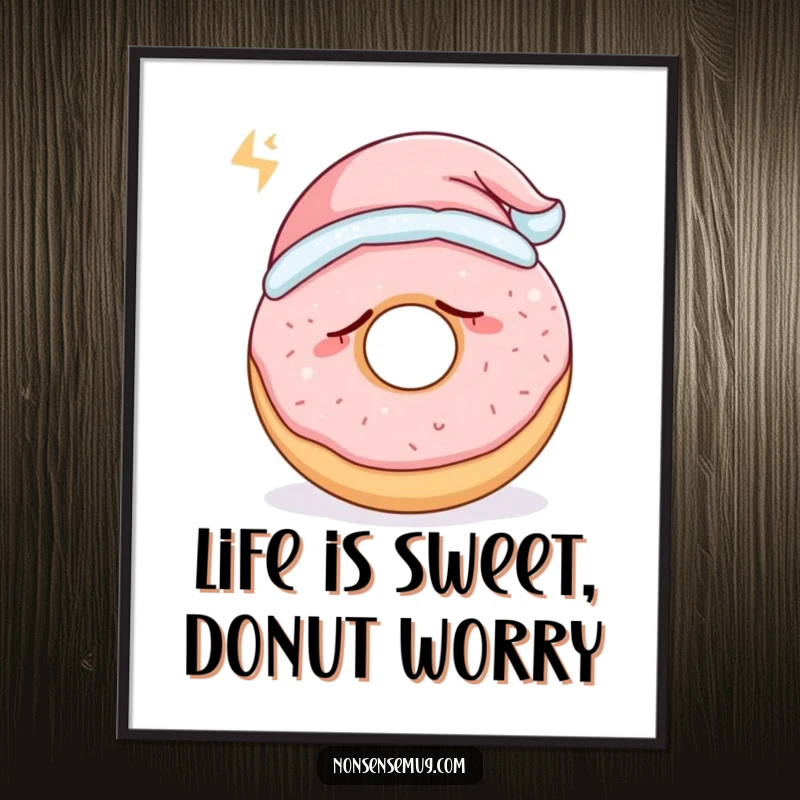 Funny Free Printable Wall Art: A sleepy donut wearing a tiny nightcap, snoring softly, creating a peaceful and humorous scene.
