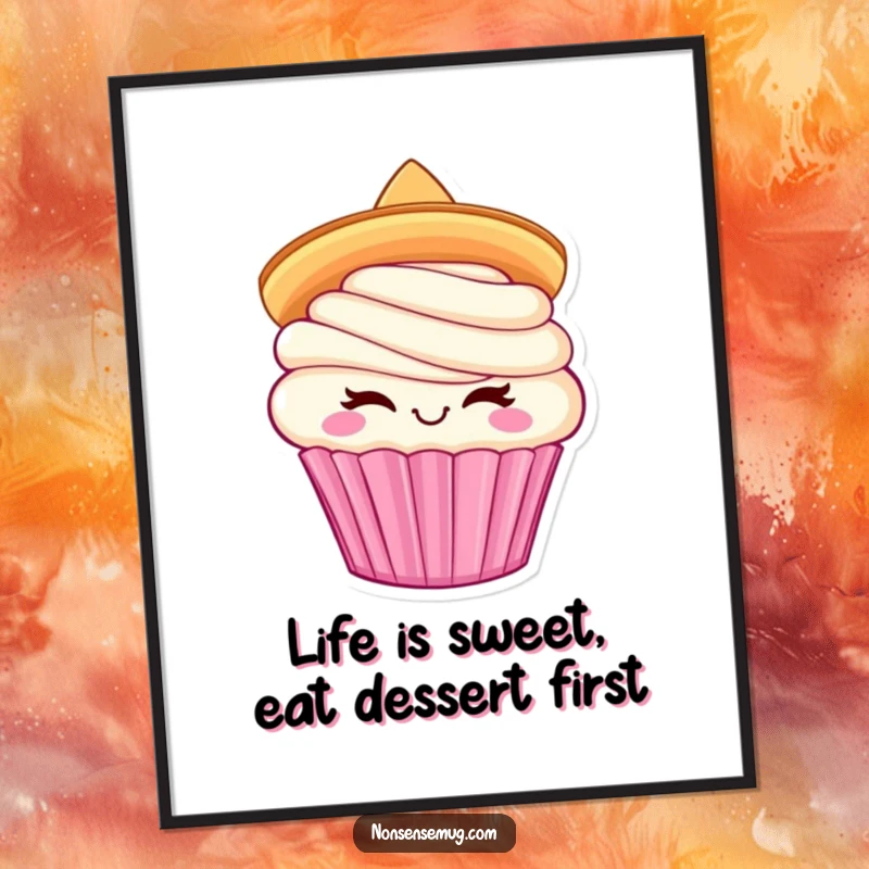 Funny Free Printable Wall Art: Cupcake character winking with a sombrero, a festive and humorous decor piece.