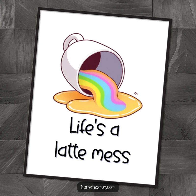 Funny Free Printable Wall Art: A coffee mug tips, spilling a rainbow of liquid, perfect for humorous DIY decor.