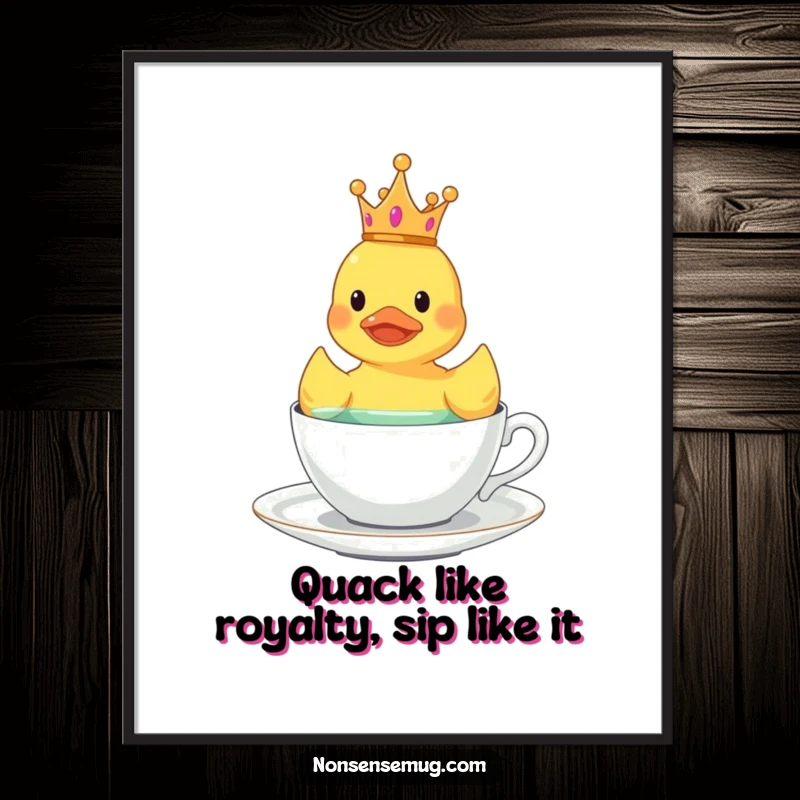 Funny Free Printable Wall Art: Rubber Duck Adorned with a Tiny Crown, Floating Gracefully in a Teacup, Bringing Regal Fun