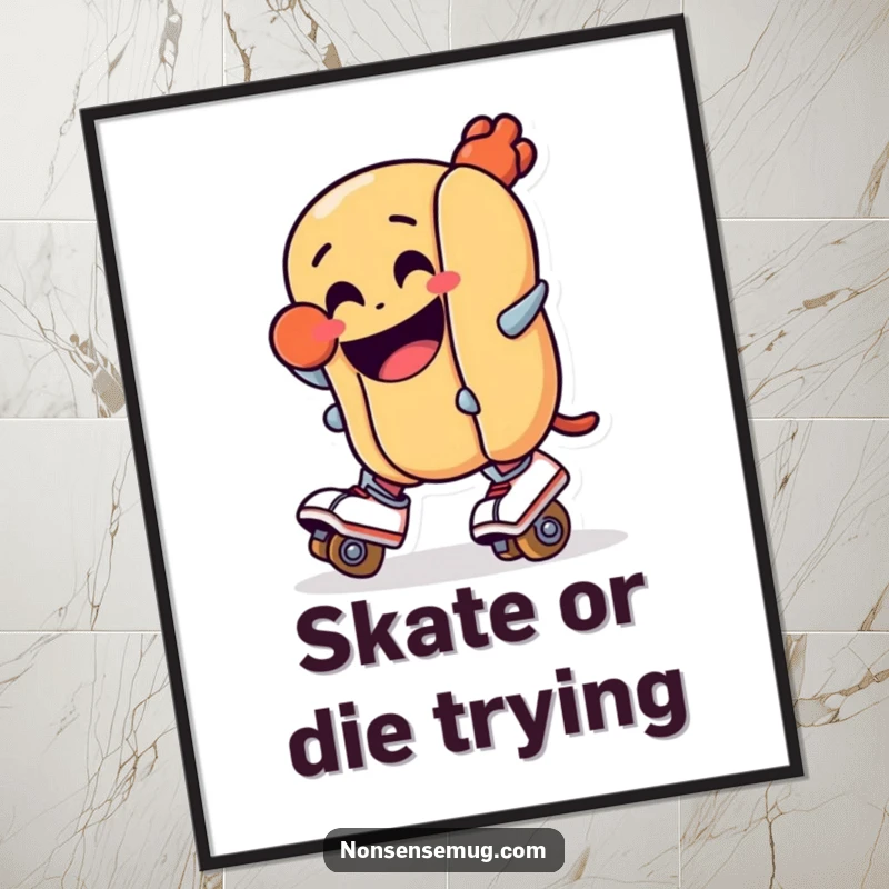 Funny Free Printable Wall Art: A grinning hot dog wearing roller skates is captured mid-fall, a comical disaster unfolding.