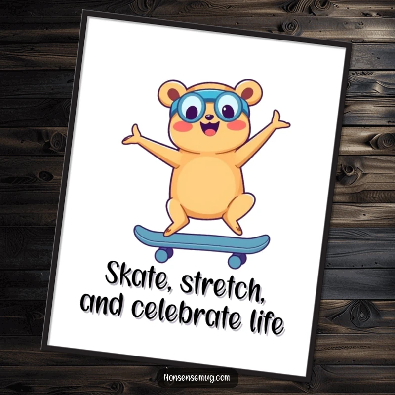 Funny Free Printable Wall Art: Amusing hot dog perfecting yoga poses on a skateboard, a quirky addition to any decor.