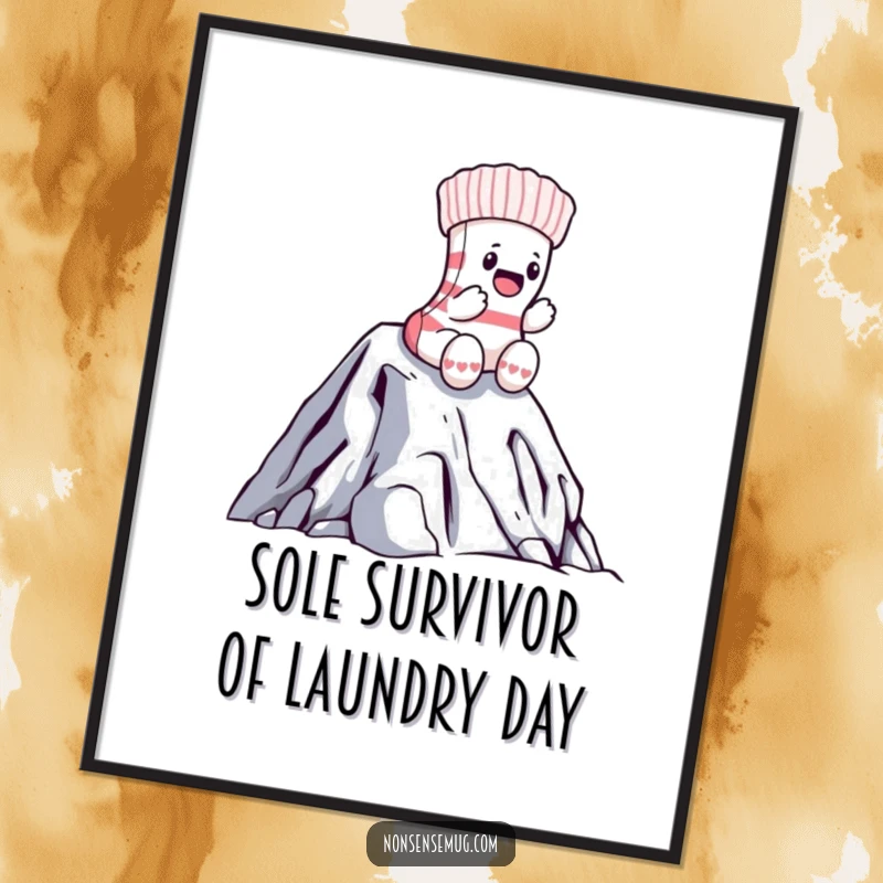 Funny Free Printable Wall Art: A brave sock ascends Mount Laundry, bringing humorous adventure to your decor.