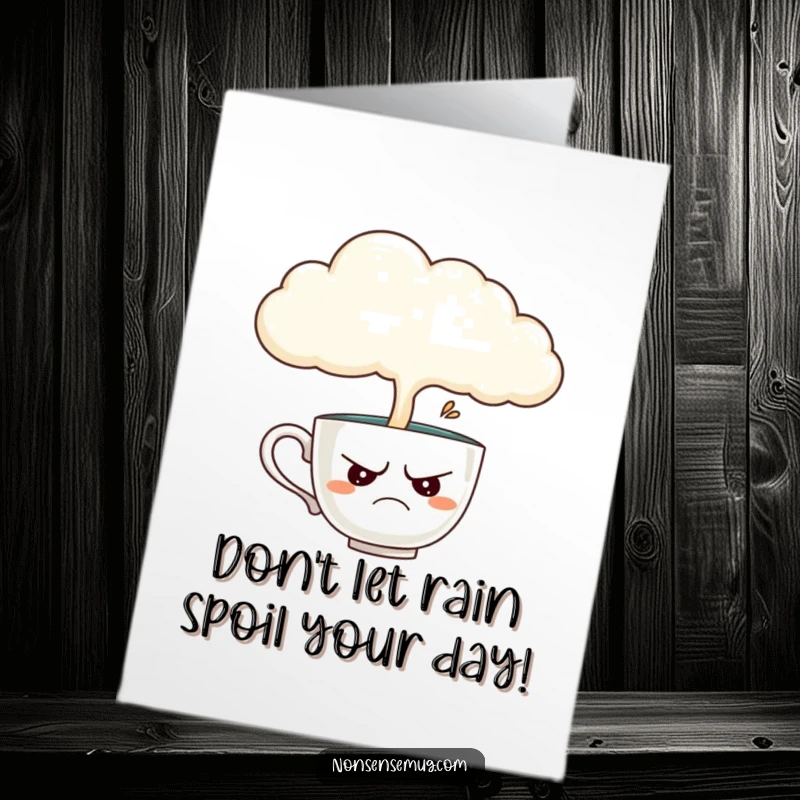 Funny Free Printable Birthday Card: A disgruntled teacup enduring a cloud pouring rain, hilariously relatable.