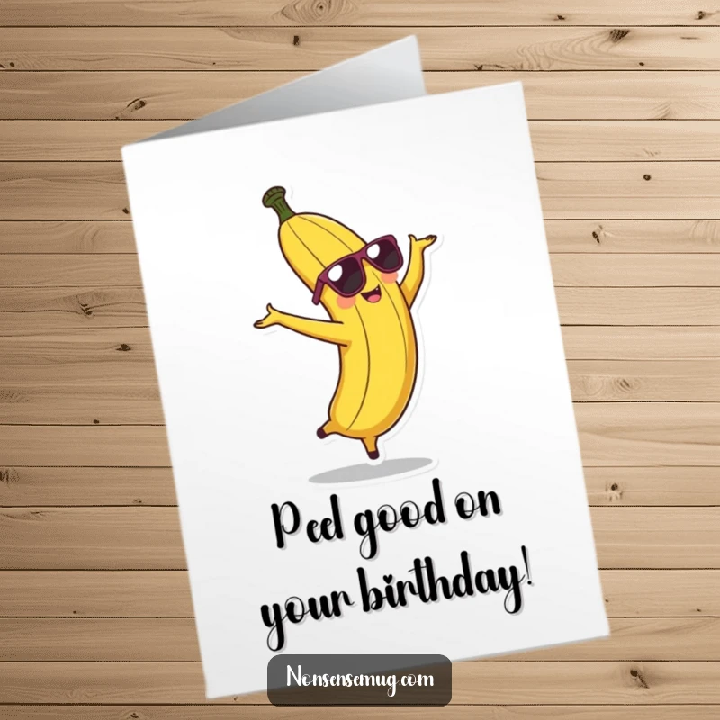 Funny Free Printable Birthday Card: A cool banana wearing sunglasses performs a cartwheel, celebrating a birthday with fruity flair.