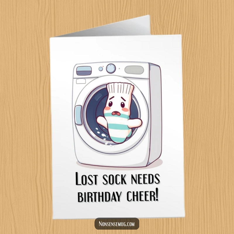 Funny Free Printable Birthday Card: A confused sock desperately tries to escape a swirling washing machine, seeking freedom from laundry.