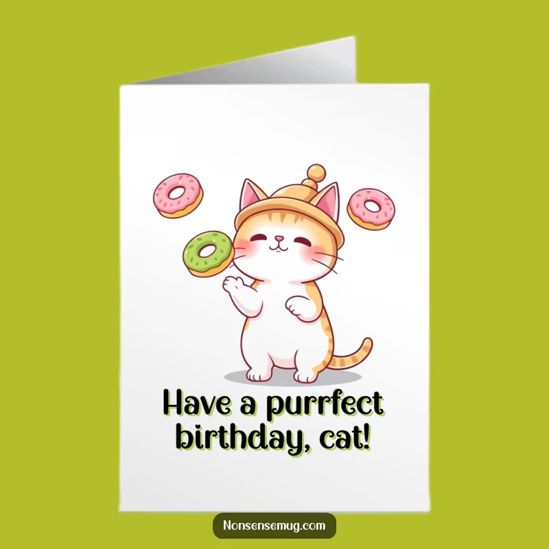 Free Printable Funny Birthday Card: Cat's Donut Juggling Party Downloadable Gift