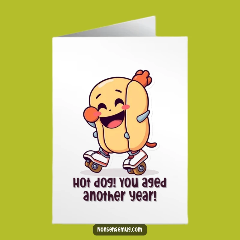 Free Printable Funny Birthday Card: Grinning Hot Dog Skater - Hilarious Downloadable Gift