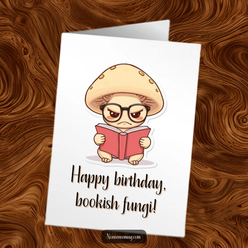 Funny Free Printable Birthday Card: A grumpy mushroom with glasses intently reads a tiny book, looking unimpressed.