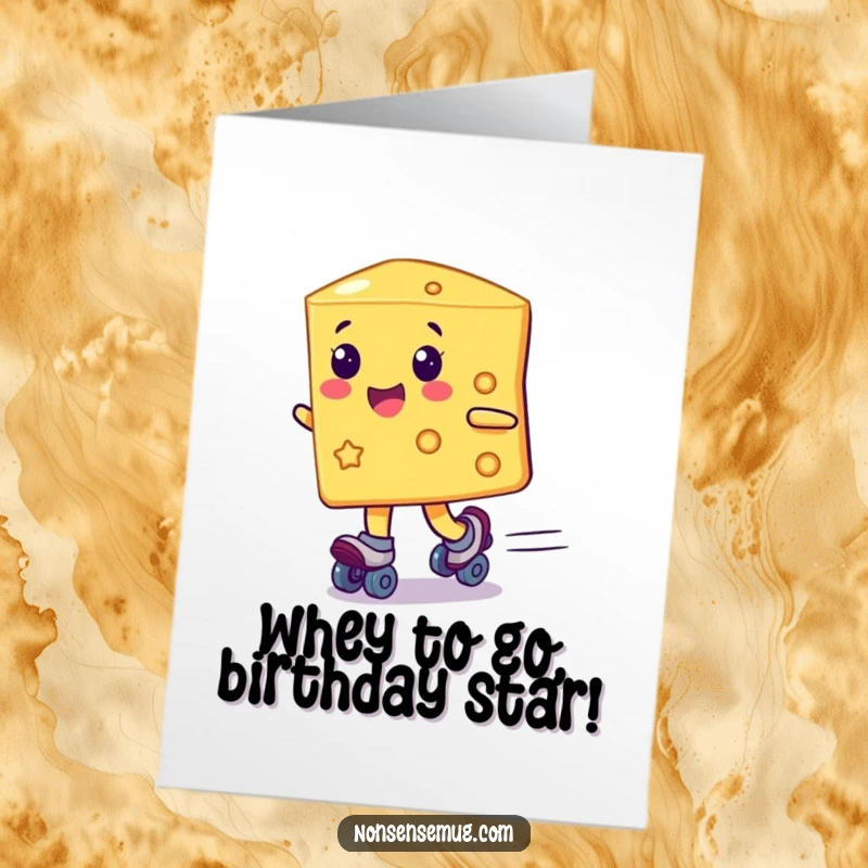 Funny Free Printable Birthday Card: A happy cheese slice on roller skates zooming past with speed lines, ready to celebrate. Downloadable.