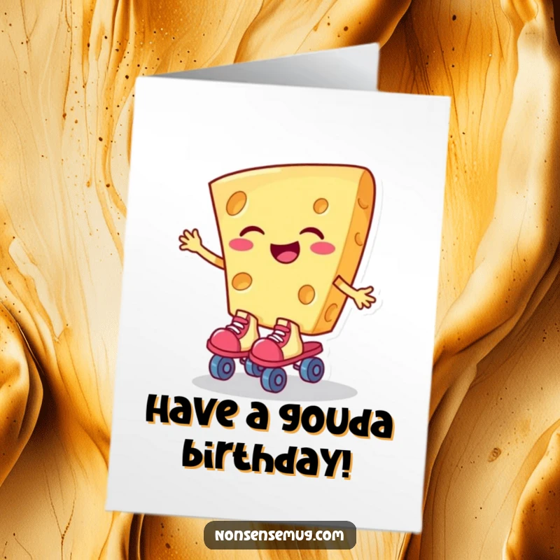 Funny Free Printable Birthday Card: A laughing slice of cheese gleefully skates, ready to party with cheesy birthday wishes.