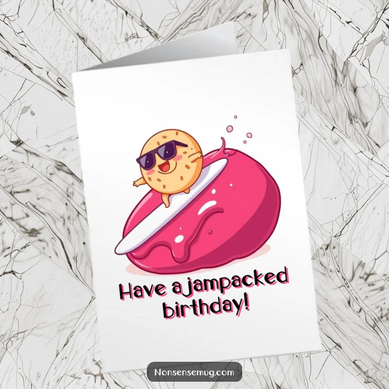 Funny Free Printable Birthday Card showing a bagel in sunglasses surfing a giant jam blob, embodying a cool, adventurous spirit.