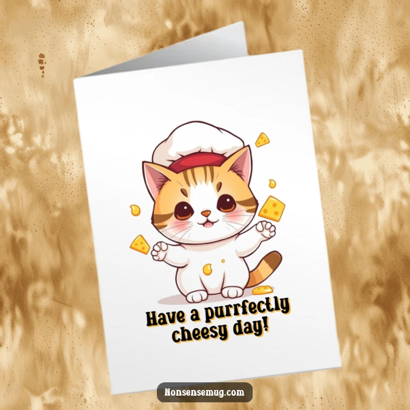 Funny free printable birthday card: a cat in a chef hat expertly juggles slippery, melting cheese, creating culinary chaos.