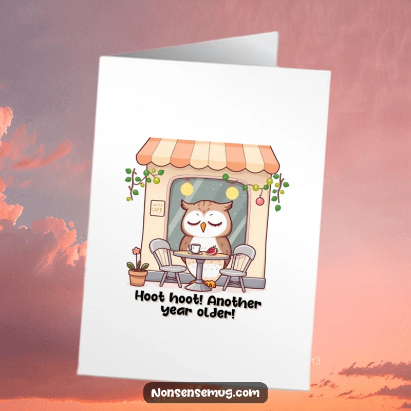 Funny Free Printable Birthday Card: Sleepy owl in a tiny cafe, enjoying coffee, perfect for a humorous celebration