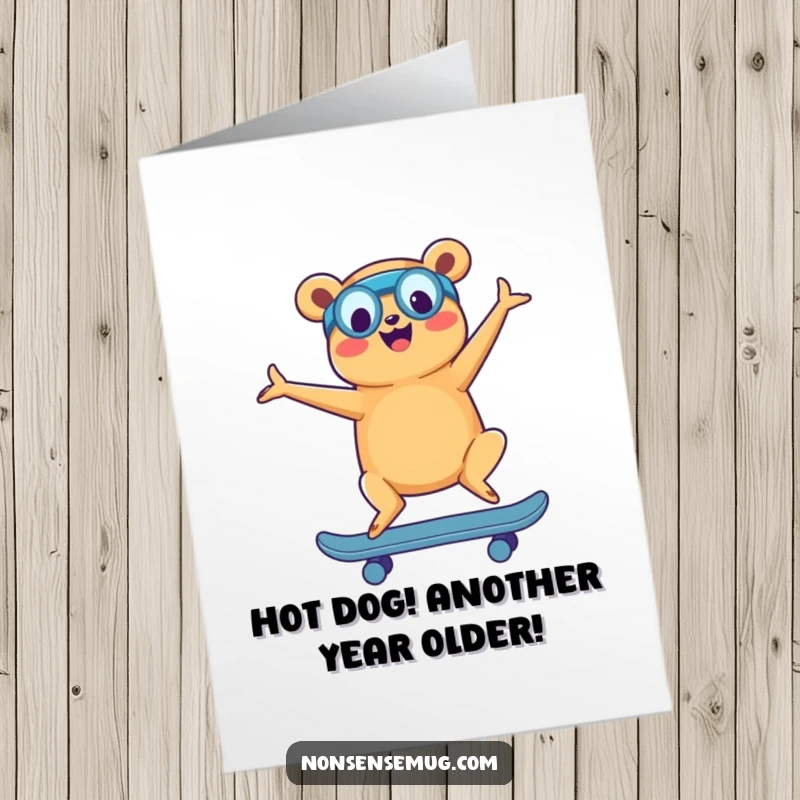 Funny Free Printable Birthday Card: Cheerful hot dog in yoga pose on a skateboard, ready for a hilarious celebration.