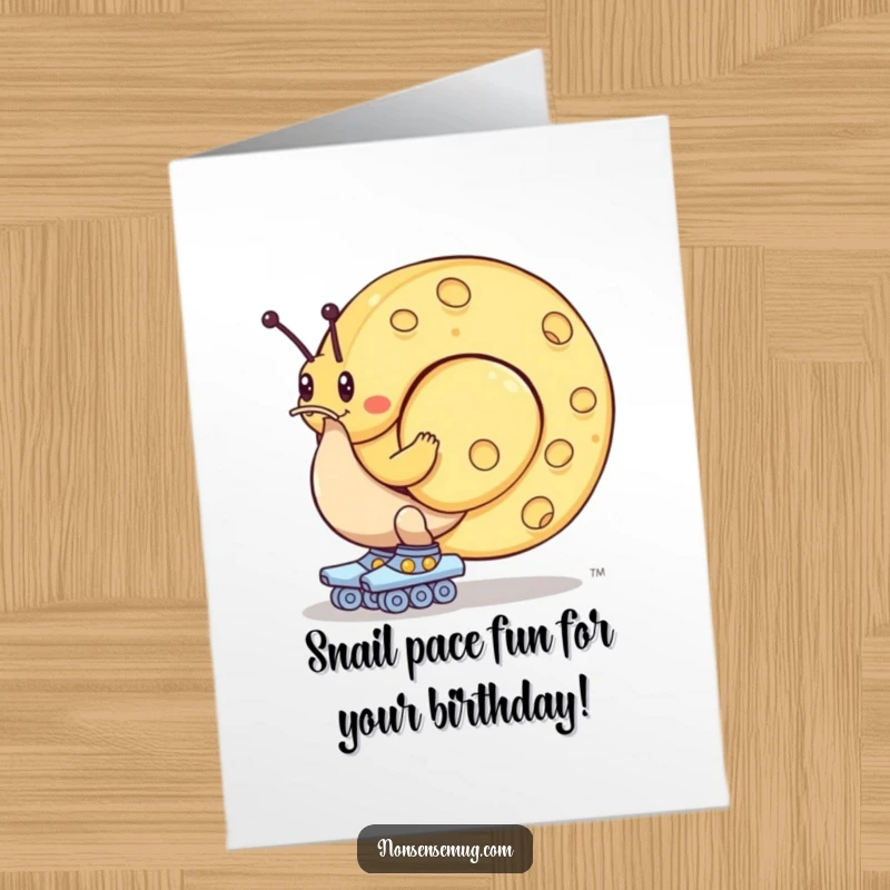 Funny Free Printable Birthday Card: A snail wearing roller skates struggles to move a giant cheese wheel, comically slow progress.