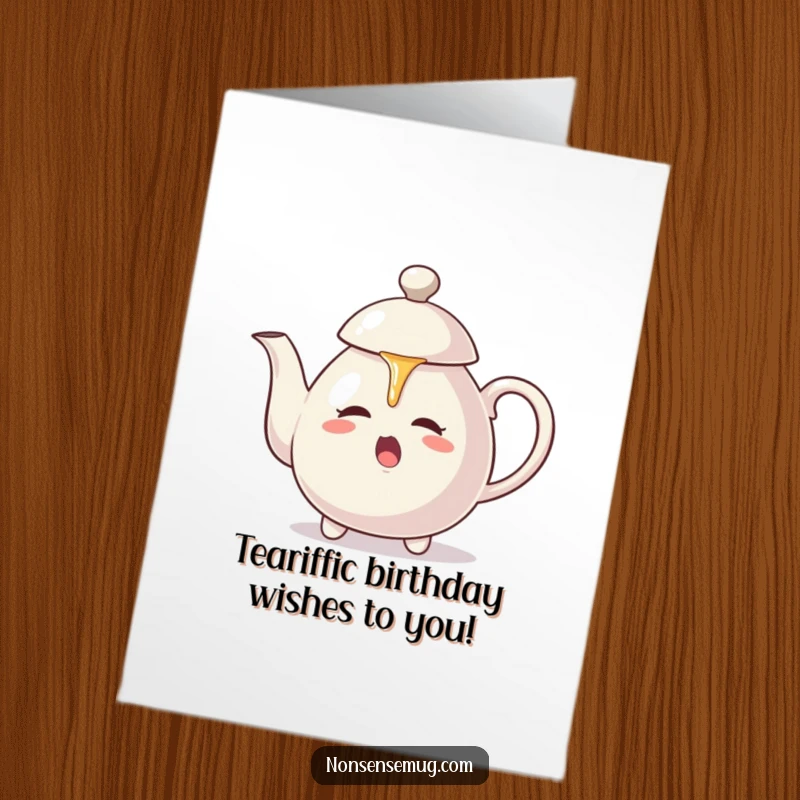 Funny Free Printable Birthday Card: A teapot aggressively pours hot tea directly onto its own lid, a chaotic scene.