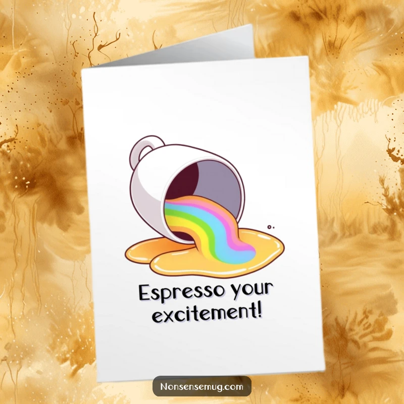 Funny Free Printable Congratulations Card: A coffee mug spills a rainbow of liquid, perfect for a vibrant DIY gift.