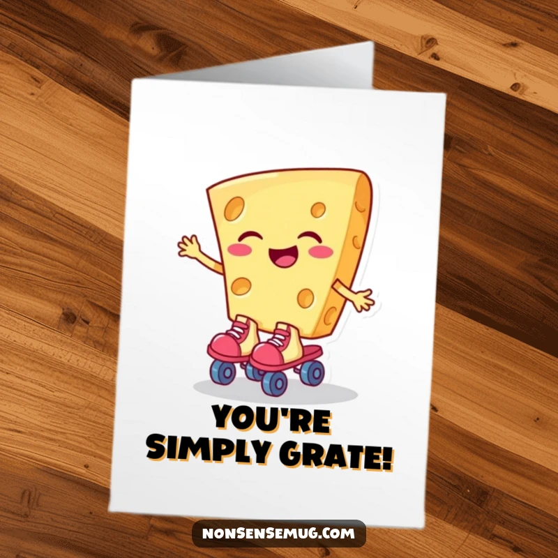 Funny Free Printable Congratulations Card: A giggling slice of cheese on roller skates, celebrating success with cheesy enthusiasm and speed.