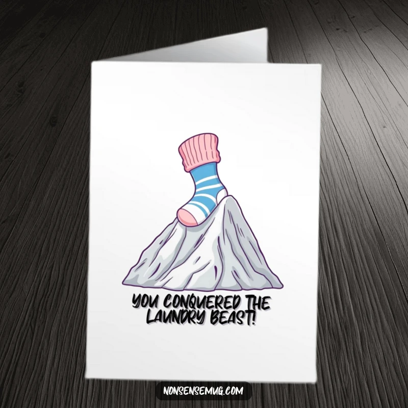 Funny Free Printable Congratulations Card: A brave sock conquers Mount Laundry, celebrating your big win.