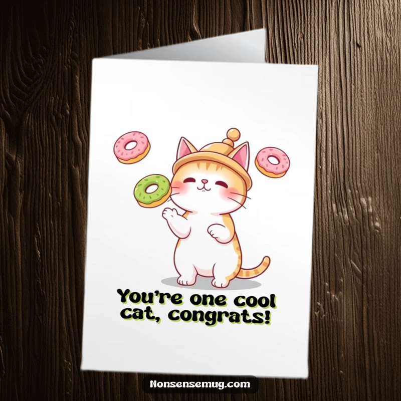 Funny Free Printable Congratulations Card: A cat in a tiny hat is impressively juggling three donuts.