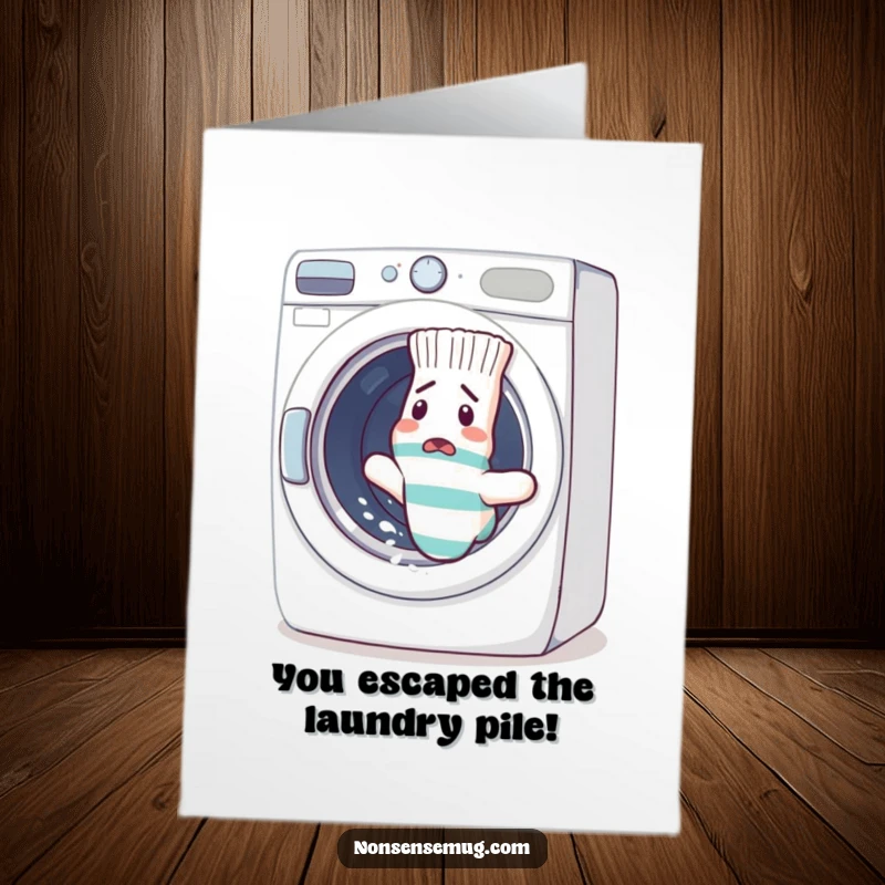 Funny Free Printable Congratulations Card: A bewildered sock makes a daring escape from a washing machine, symbolizing overcoming challenges.