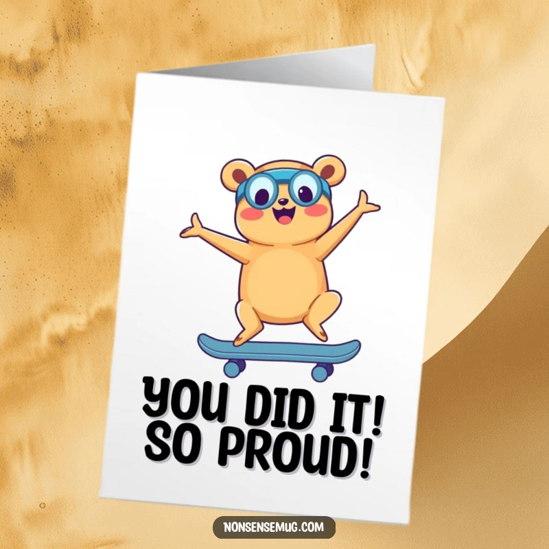 Funny Free Printable Congratulations Card: Joyful hot dog doing yoga on a skateboard, celebrating a fantastic win.