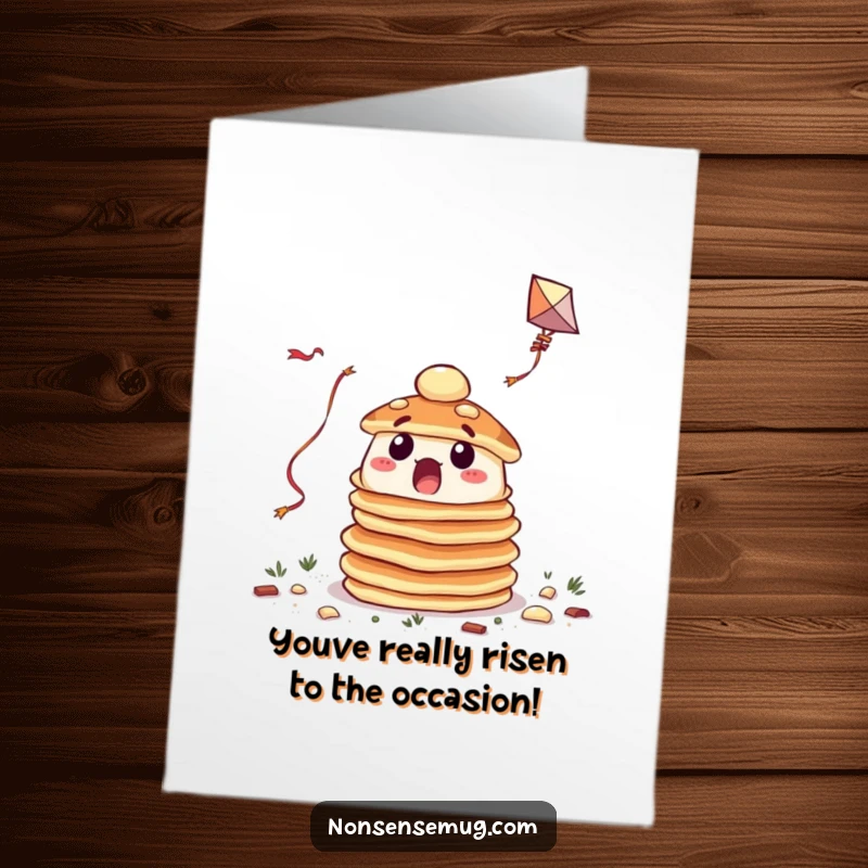 Funny Free Printable Congratulations Card: A bewildered stack of pancakes tangled in kite string, celebrating a win with a comical mishap.