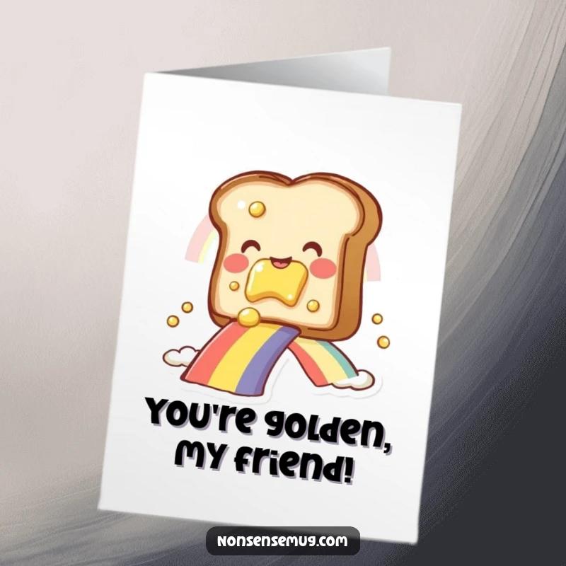 Funny Free Printable Congratulations Card: A smiling toast with butter sliding down a rainbow, celebrating success with joy. Downloadable.