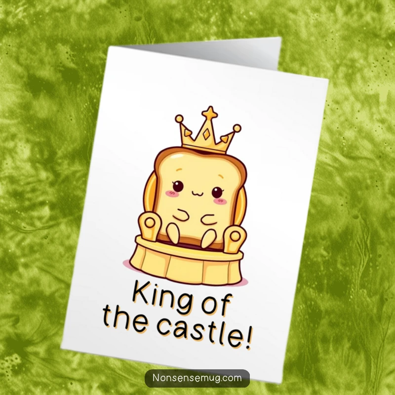 Funny Free Printable Congratulations Card: Toast slice wearing a tiny crown sitting on a banana peel throne, celebrating success.