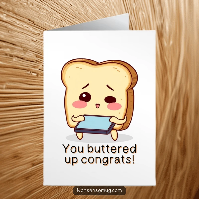 Funny Free Printable Congrats Card: Bewildered toast slices looking confused while trying to operate a smartphone, celebrating a win.